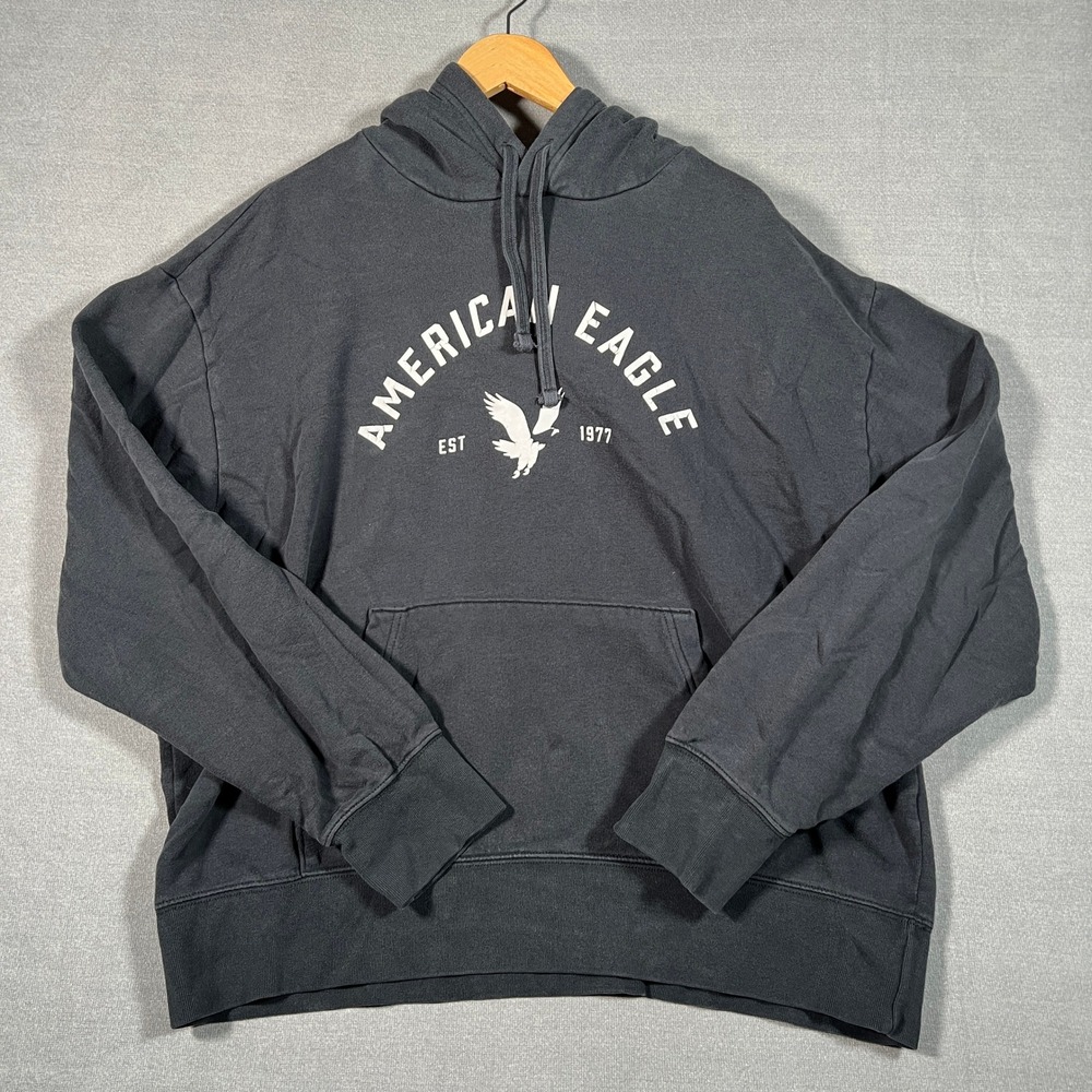 American Eagle Relaxed Fit Graphic Hoodie Mens Large Black Cotton Blend